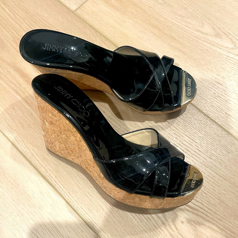 Jimmy Choo Pandora Patent Leather Wedge Mules